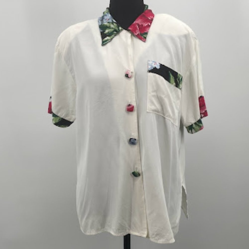 Vintage Carol Anderson White Blouse | Floral Collar Button Down | 90s Rayon USA